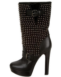 Black Studded Leather Mid-Calf Boots
