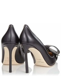 Jimmy Choo Tegan 100 Black Kid Leather Pointy Toe Pumps With Studded Bow Detailing