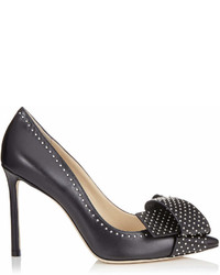 Jimmy Choo Tegan 100 Black Kid Leather Pointy Toe Pumps With Studded Bow Detailing