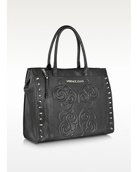Versace Jeans Black Eco Leather Studded And Embroidered Tote