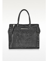 Versace Jeans Black Eco Leather Studded And Embroidered Tote