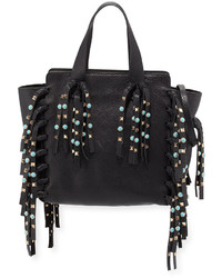 Valentino Small C Rockee Leather Fringe Rolling Studded Tote Bag Black