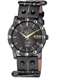 Versus By Versace 40mm Miami Crystal Watch W Studded Leather Strap Blackblack