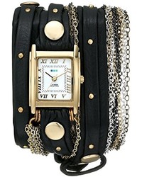 La Mer Collections Lmduostud001 Venice Gold Tone Watch With Wraparound Black Leather Band