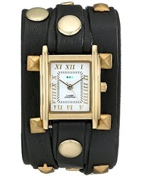 La Mer Collections Lmlw1010j Gold Tone Watch With Wraparound Black Leather Band