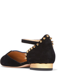 Charlotte Olympia Mid Century Kitty Studded Embroidered Suede Point Toe Flats Black
