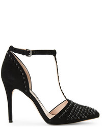 French Connection Black Elanah Studded Pointed Toe T Strap Pumps