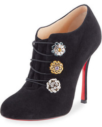 Christian Louboutin Booton Suede Crystal Button Red Sole Bootie Black