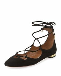 Aquazzura Dancer Suede Lace Up Flat Black