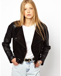 Monki Cropped Leather Suede Biker Jacket