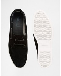 Asos Boat Shoes In Black Faux Suede With Ticking Stripe Lining
