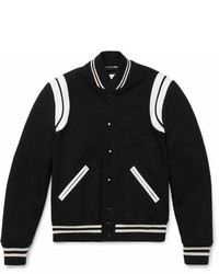 Saint Laurent Leather Trimmed Wool Blend Bomber Jacket