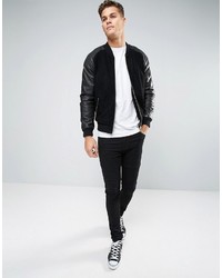 Asos Suede Bomber Jacket With Leather Sleeves In Black