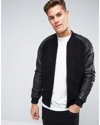 Asos Suede Bomber Jacket With Leather Sleeves In Black