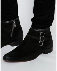 Asos Brand Ankle Boots In Black Suede With Triple Strap Detailing