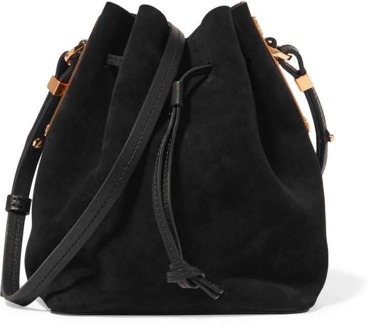 black suede bucket bag