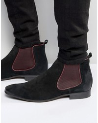 Asos Chelsea Boots In Black Suede With Burgundy Details