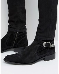 Asos Chelsea Boots In Black Suede With Strap Detail