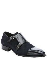 Mezlan Blue Patent Leather And Suede Double Monkstrap Loafers