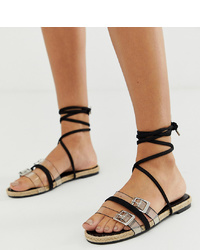 Boohoo Flat Tie Up Espadrille Sandals With Clear In Black