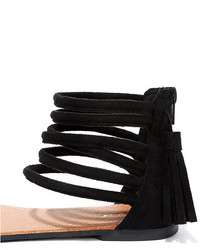 Qupid Weekend Pass Black Suede Flat Ankle Strap Sandals