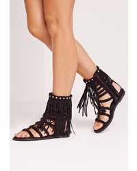 Missguided Faux Suede Tassel Ankle Gladiator Sandals Black
