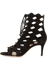 Gianvito Rossi Curvy Cutout Lace Up Suede Sandal Black