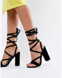 Public Desire Julia Black Block Heel Tie Up Sandals