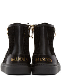 Balmain Black Suede Perforated High Top Sneakers