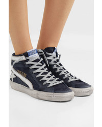 Golden Goose Deluxe Brand Slide Distressed Denim Suede And Leather High Top Sneakers