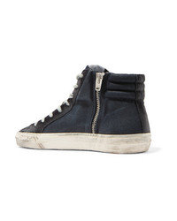 Golden Goose Deluxe Brand Slide Distressed Denim Suede And Leather High Top Sneakers