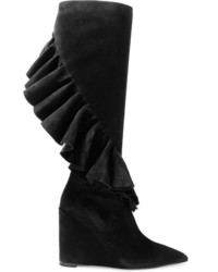 J.W.Anderson Ruffled Suede Wedge Knee Boots Black