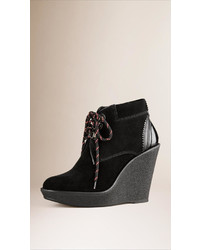 Burberry Lace Up Suede Wedge Ankle Boots