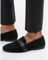 Asos Loafers In Black Suede With Leather Saddle