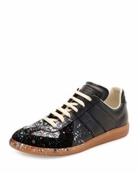 Maison Margiela Pollock Paint Splatter Leather Suede Low Top Sneaker Black