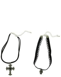 2 Piece Choker Necklaces With Cross And Hamsa Pendants Black
