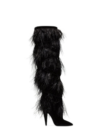 Saint Laurent Black Yeti 110 Ostrich Feather Over The Knee Boots