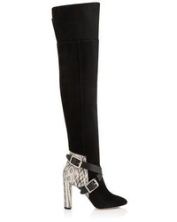Jimmy Choo Doma 100 Black Suede Natural Gloss Elaphe And Black Vachetta Leather Over The Knee Boots