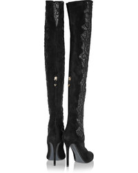 Nicholas Kirkwood Embroidered Mesh And Suede Over The Knee Boots
