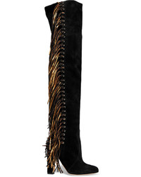 Brian Atwood Horsy Metallic Fringed Suede Over The Knee Boots Black