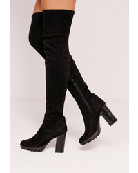 Missguided Black Faux Suede Cleated Over The Knee Heeled Boots