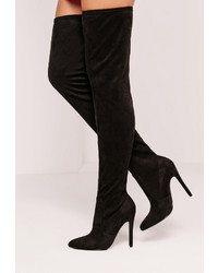 Missguided Black Faux Suede Pointed Toe Over The Knee Heeled Boots