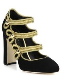 Dolce & Gabbana 3 Strap Military Suede Block Heel Pumps