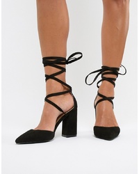 RAID Black Pointed Tie Up Block Heeled Shoes