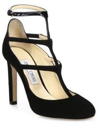 Jimmy Choo Doll 100 Suede Patent Leather T Strap Pumps