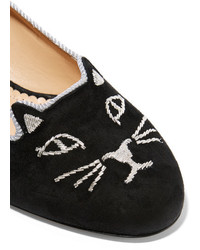 Charlotte Olympia Kitty Embroidered Suede Pumps Black