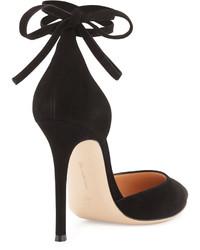 Gianvito Rossi Suede Pointed Toe Ankle Wrap Pump Black