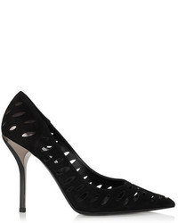 Jimmy Choo Talka Black Perforated Suede And Anthracite Mirror Leather Pointy Toe Pumps