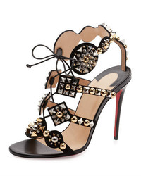 Christian Louboutin Kaleikita Spiked Lace Up 100mm Red Sole Sandal Version Black