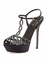 Sergio Rossi Scalloped Crystal T Strap Platform Sandal Black